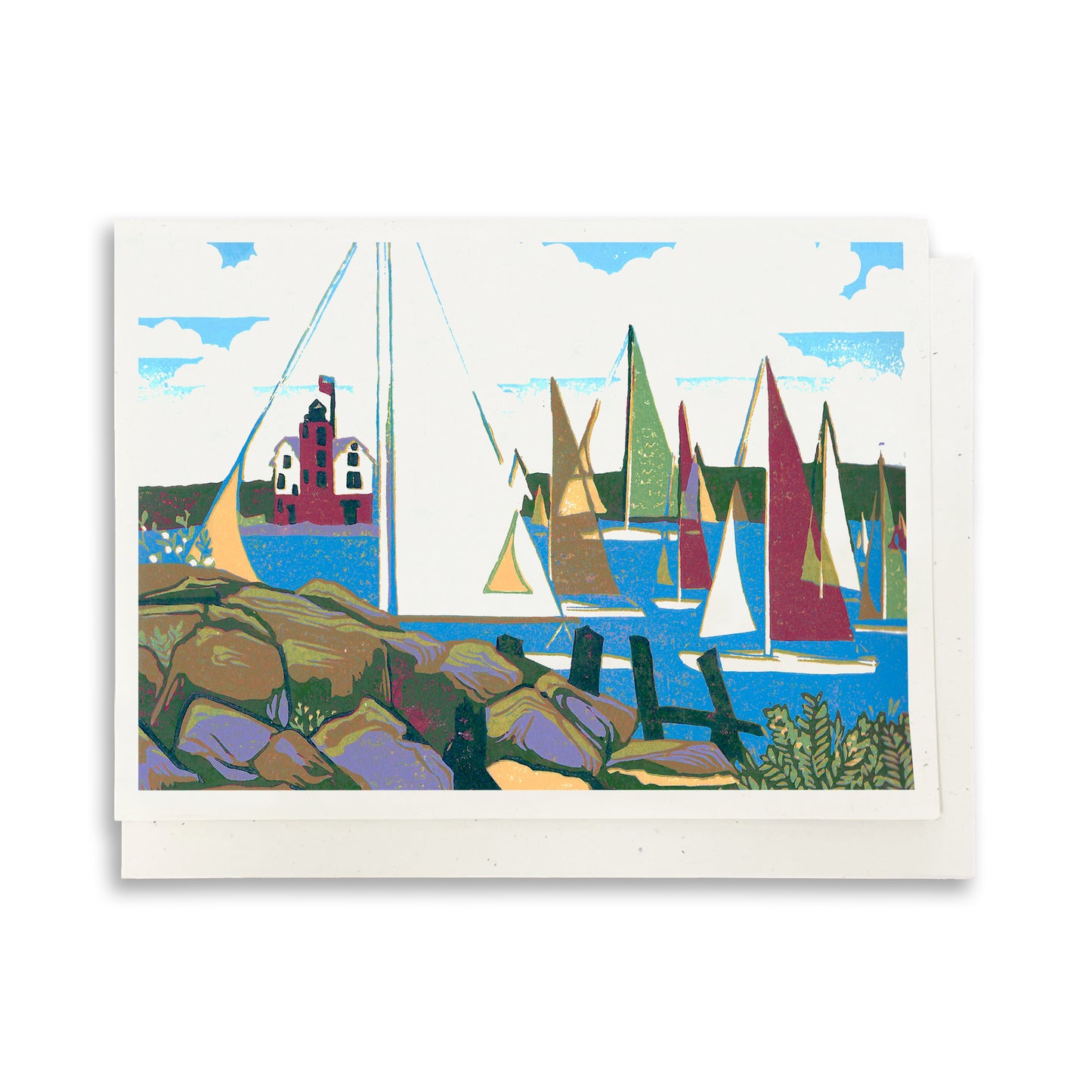 A casually elegant card featuring sailing art by Natalia Wohletz of Peninsula Prints titled Yacht Race.