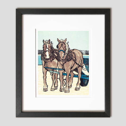 Horse art celebrating Mackinac Island horses by printmaker Natalia Woheltz of Peninsula Prints, Michigan titled Dray Team on the Dock.