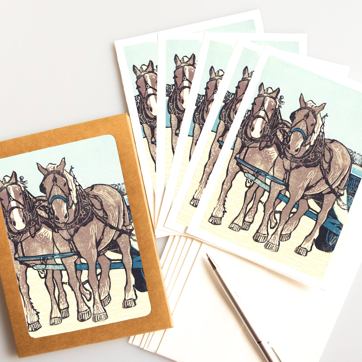 A casually elegant card set featuring horse art by Natalia Wohletz titled Dray Team on the Dock.