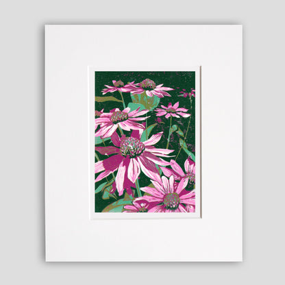 Floral art featuring pink coneflowers by printmaker Natalia Wohletz of Peninsula Prints, Michigan, titled Echinacea.