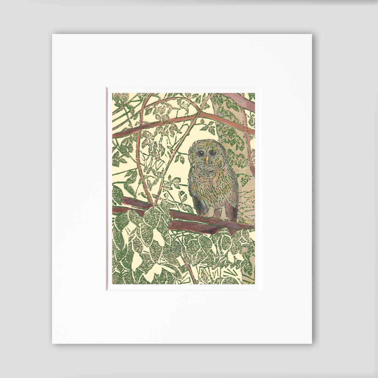 Owl art featuring a Barred Owl by printmaker Natalia Wohletz of Peninsula Prints, Mackinac Island, titled Hidden Owl.