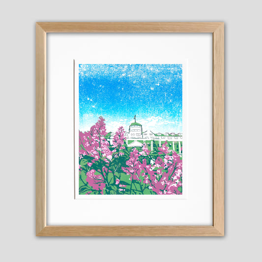 Mackinac Island art featuring lilacs at the Grand Hotelby printmaker Natalia Wohletz of Peninsula Prints, Mackinac Island, titled June at the Grand.