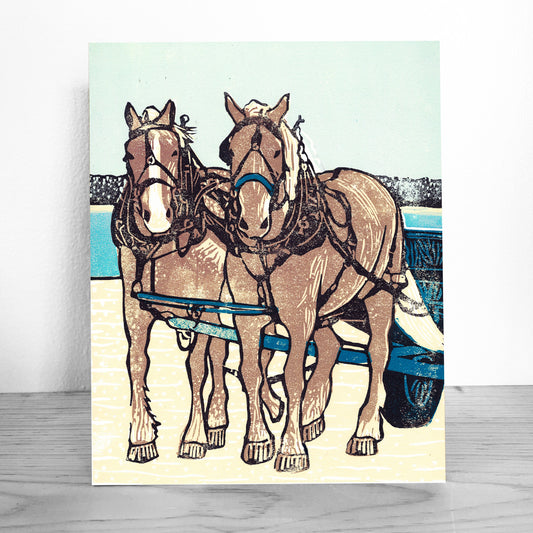 Contemporary Mackinac Island art by Natalia Wohletz of Peninsula Prints titled Dray Team on the Dock.