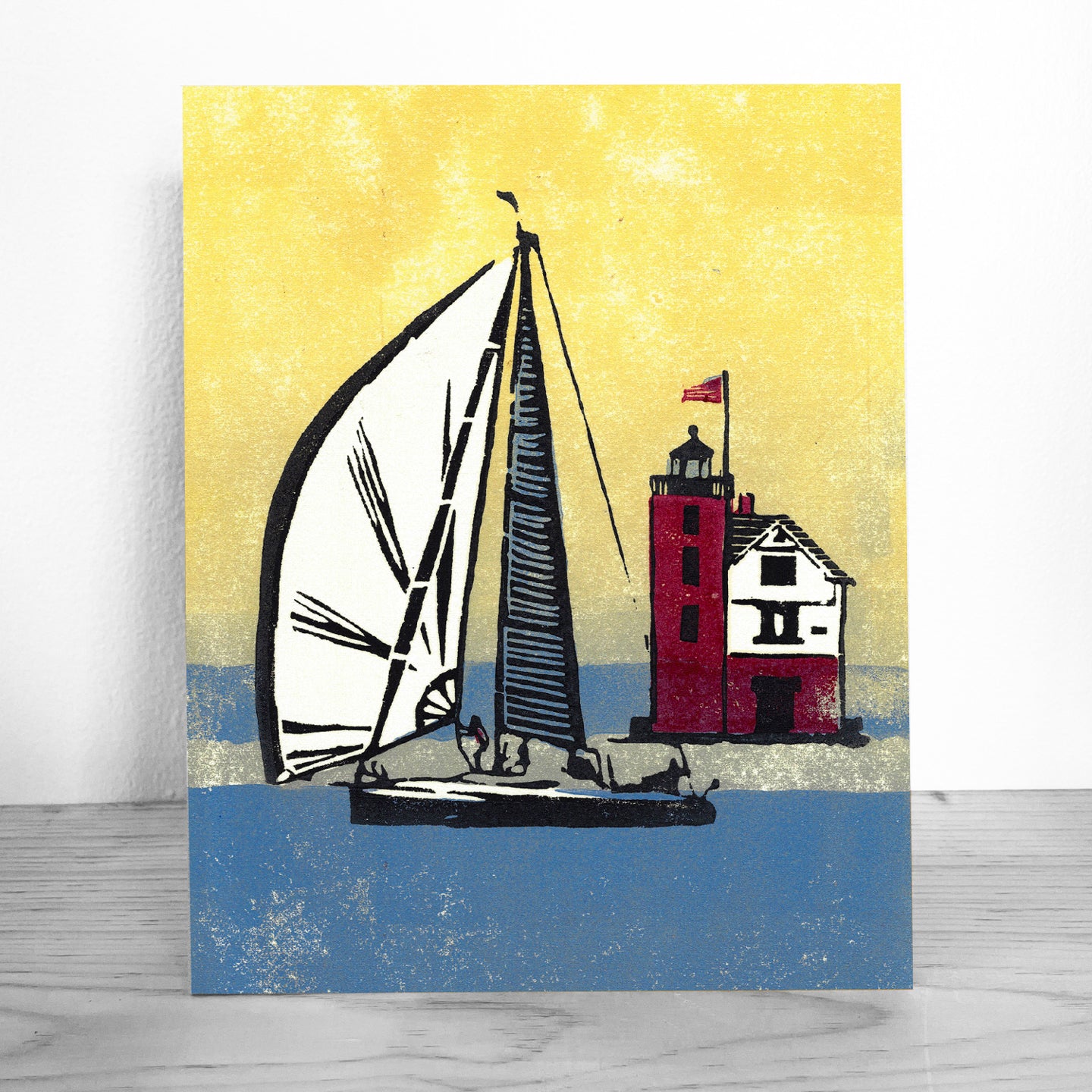 Great Lakes sailing art by Natalia Wohletz of Peninsula Prints titled Foggy Finish.