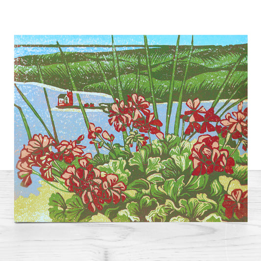 Mackinac Island art by Natalia Wohletz of Peninsula Prints titled Grand Geranium View.