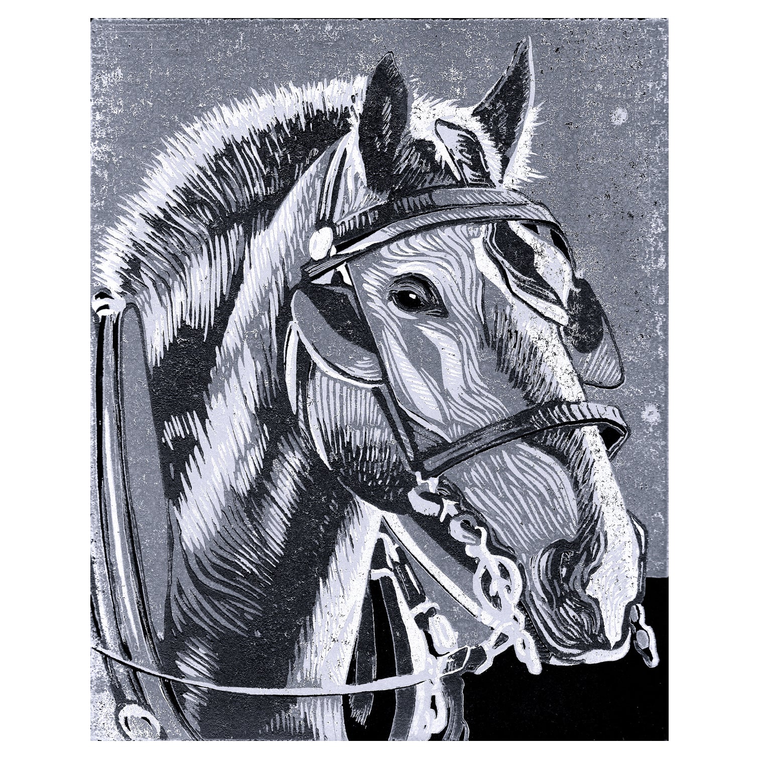 Mackinac Island horse art by printmaker Natalia Wohletz of Peninsula Prints titled Horse in Monochrome.