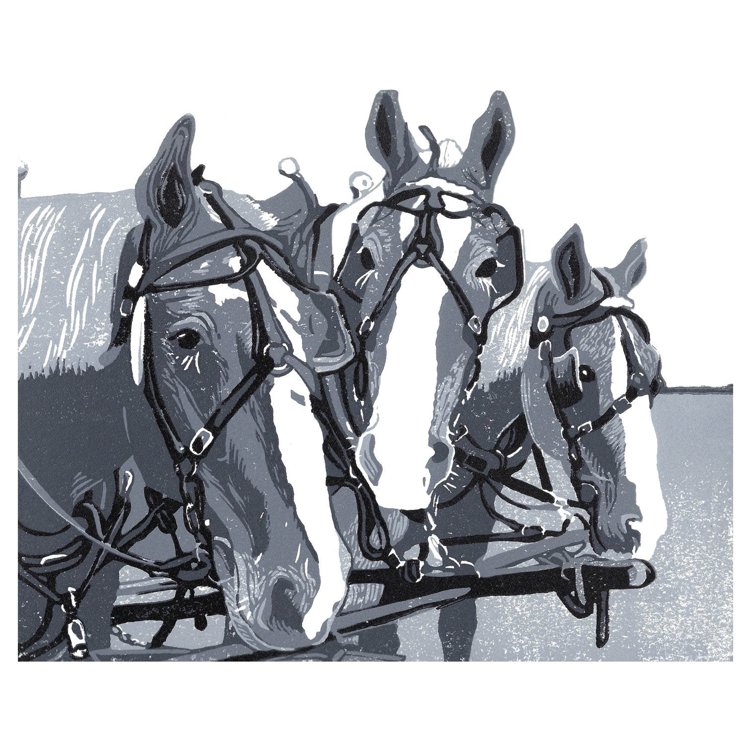 Horse art created by Natalia Wohletz of Peninsula Prints.  Two Horse Team in Monochrome celebrates the Percheron dray horses of Mackinac Island.