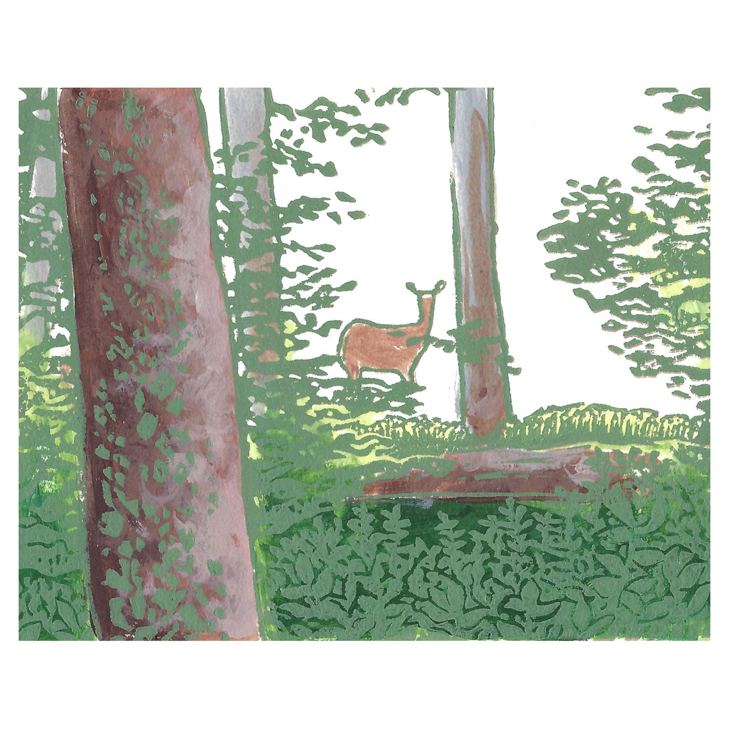 Beautiful deer art by printmaker Natalia Wohletz of Peninsula Prints titled Deer in the Woods.