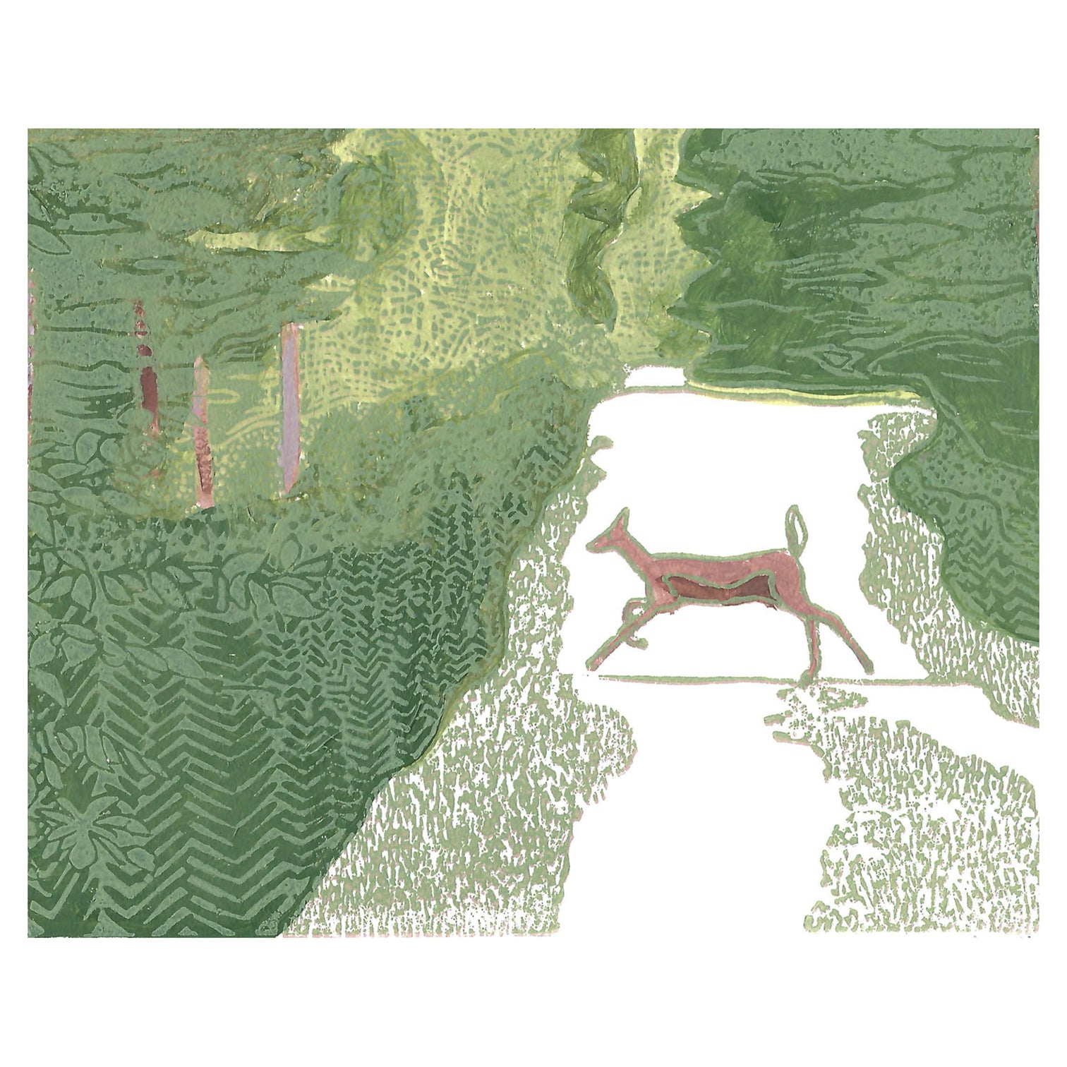 Beautiful deer art by printmaker Natalia Wohletz of Peninsula Prints titled Doe Crossing.