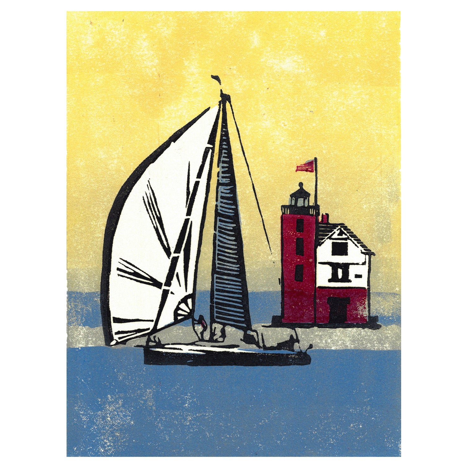 Nautical art celebrating Great Lakes sailing by printmaker Natalia Wohletz of Peninsula Prints, Milford & Mackinac Island, titled Foggy Finish.