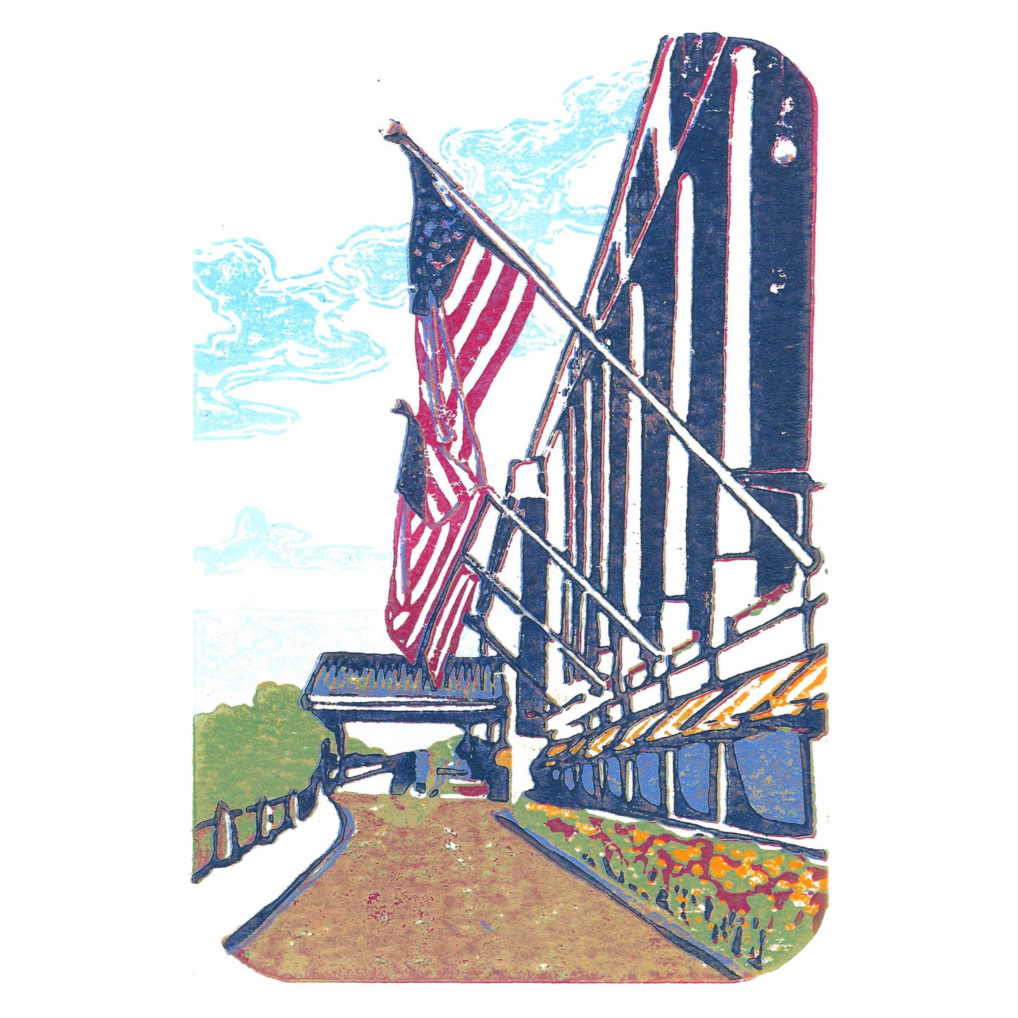 Mackinac Island art featuring American flags at the Grand Hotel by printmaker Natalia Wohletz of Peninsula Prints titled Grand Flags.