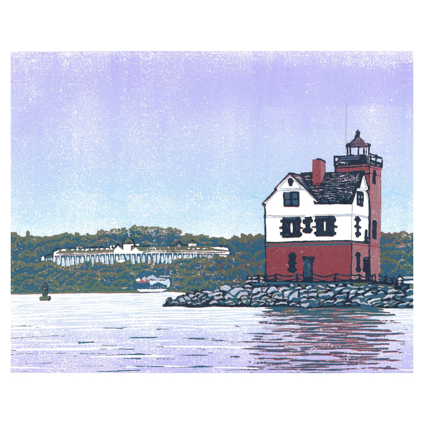 Mackinac Island art created by Natalia Wohletz of Peninsula Prints, Mackinac Island.  Rounding the Island is an 8-color reduction block print featuring a unique view of Round Island Lighthouse with Grand Hotel in the background.
