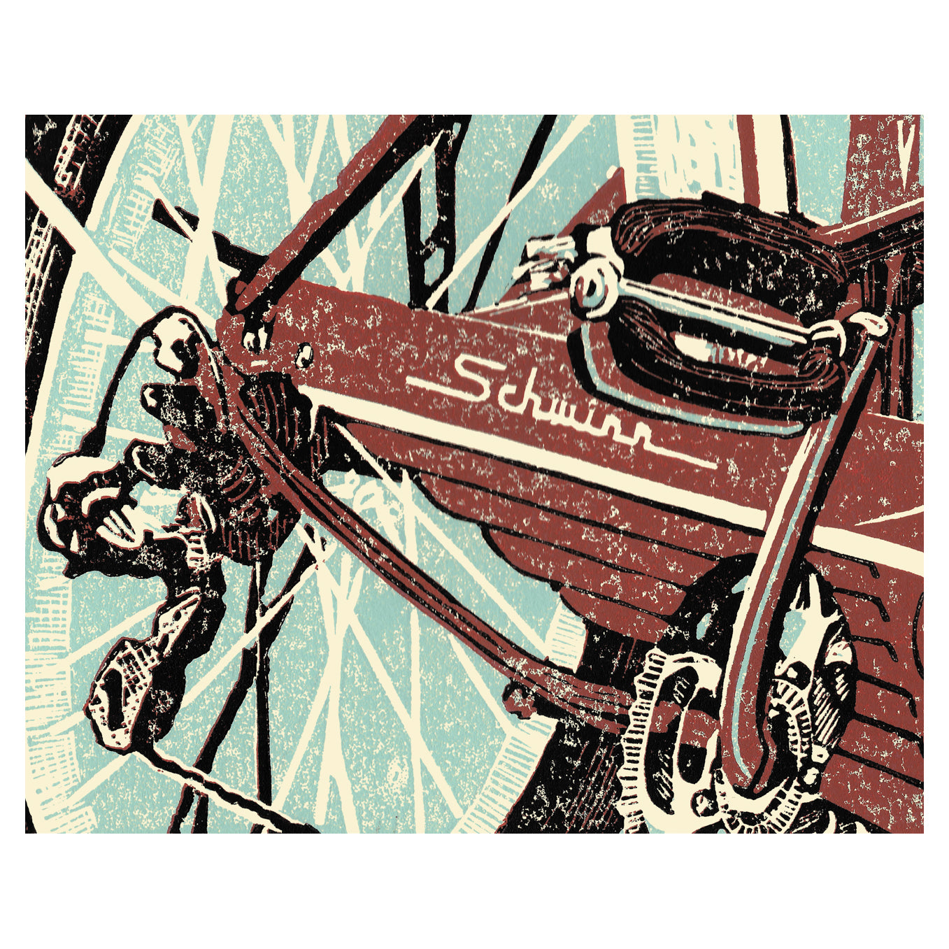 Vintage bicycle art created by Natalia Wohletz of Peninsula Prints. Schwinn is a three-color Reduction linoleum block print of a classic tandem bicycle inspired by one that the artist enjoys riding around Mackinac Island with friends and family.  