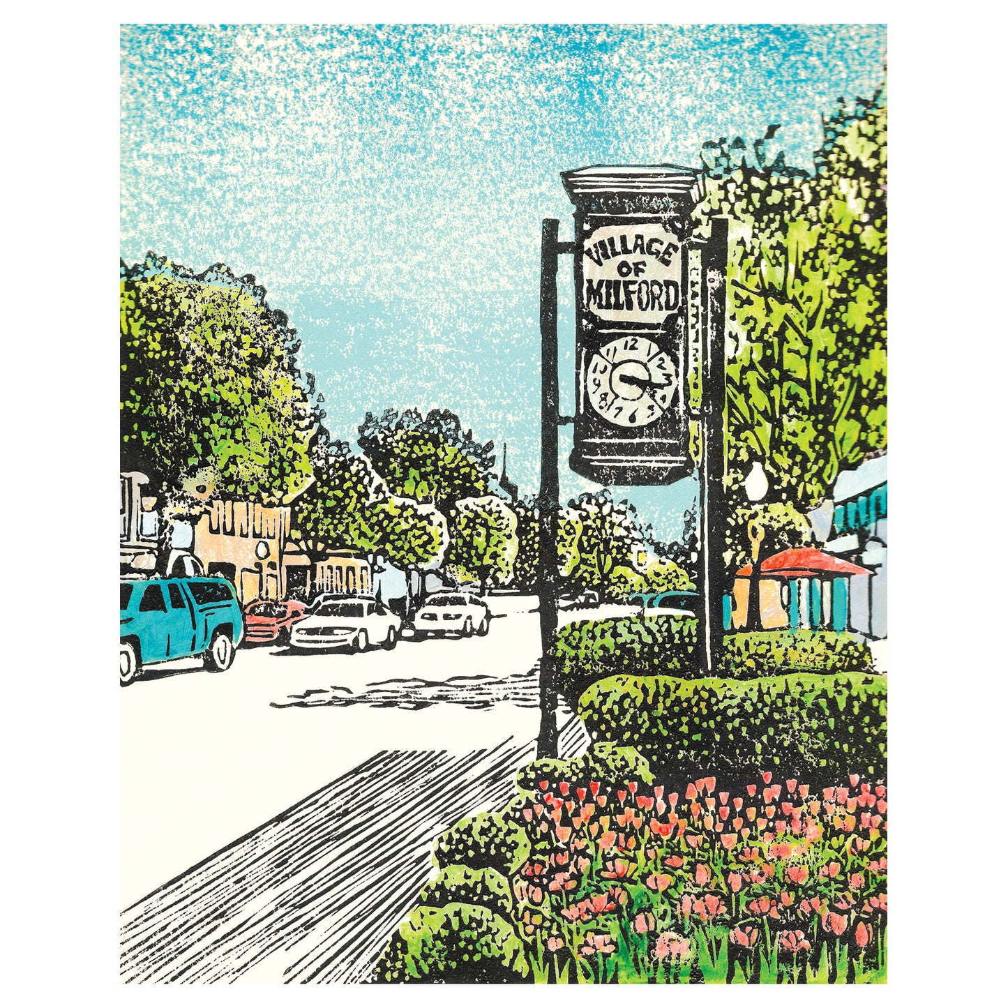 Village of Milford is a mixed media linoleum block print featuring Milford, Michigan's Main Street, created by Natalia Wohletz of Peninsula Prints.