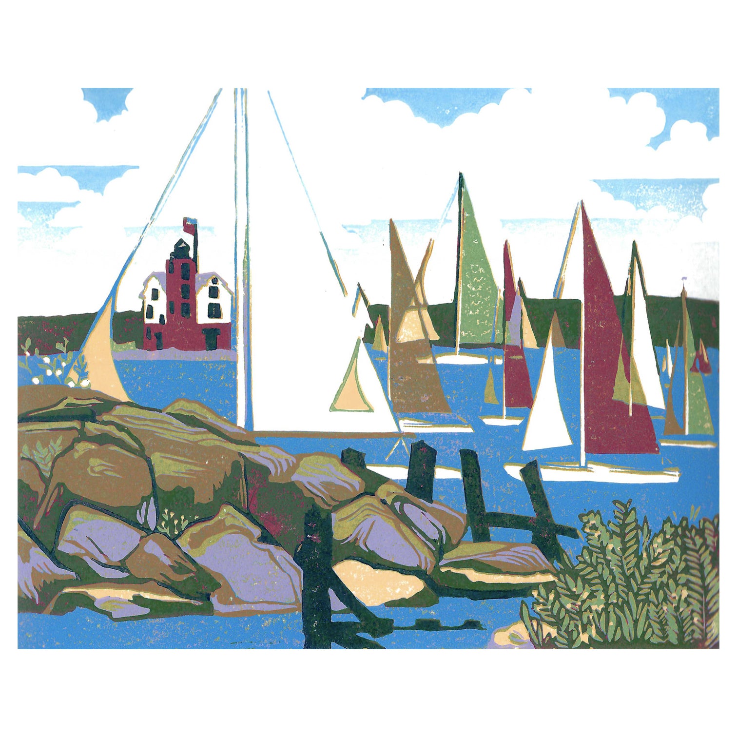 Sailing art created by Natalia Wohletz of Peninsula Prints.  Yacht Race is an original block print inspired by sailors on the Great Lakes, especially competitors in the Chicago Yacht Club Race to Mackinac and Bayview Mackinac Race.