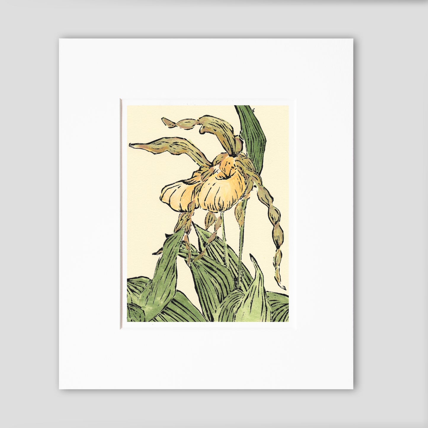Flower art titled Lady Slipper Pair, a multicolor linoleum block print of one of Michigan's most delightful native orchid wildflowers by Natalia Wohletz of Peninsula Prints, Milford & Mackinac Island.