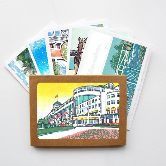 A casually elegant card set featuring digital reproductions of Natalia’s Mackinac Island themed block print designs.