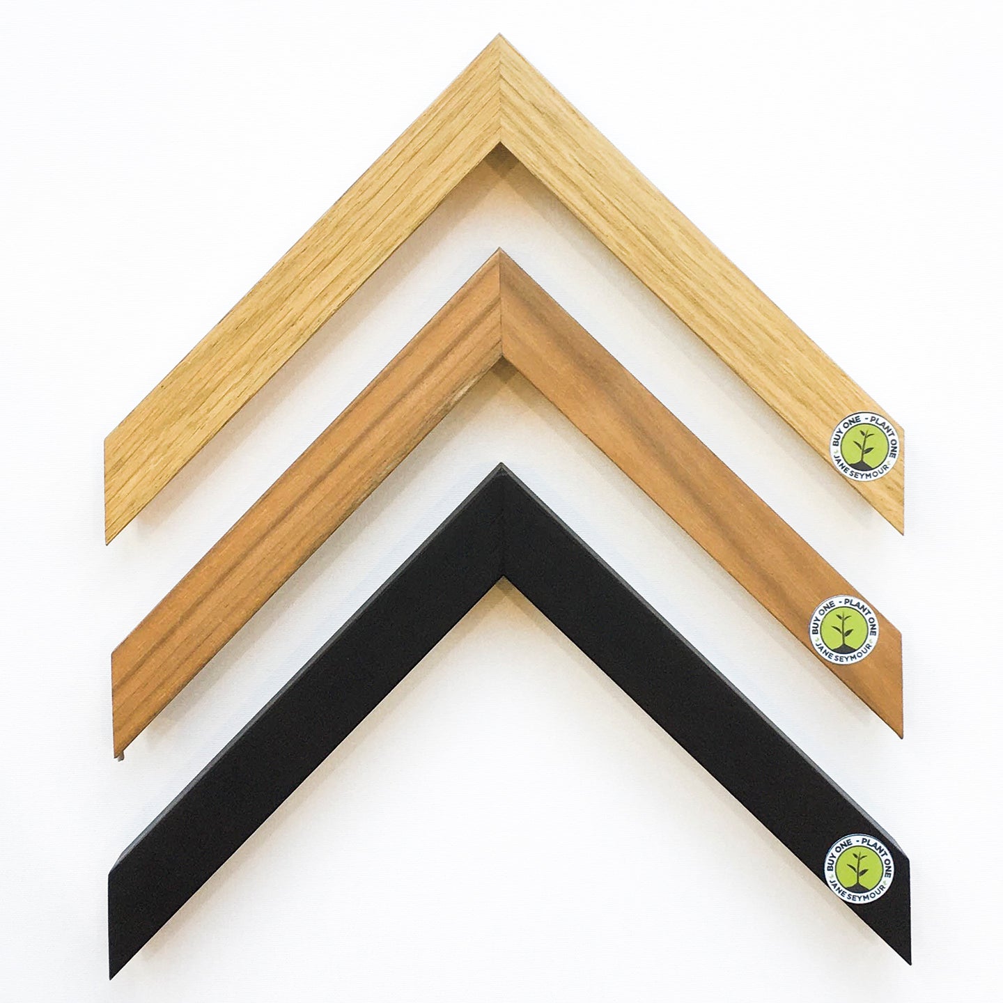 Frame choices include a natural, walnut or black stained 3/4 inch wood moulding from the Jane Seymour (of “Somewhere in Time” fame) Moulding Collection by FOTIOU, which contributes to a reforestation initiative with every purchase. The pine wood frames are responsibly sourced and manufactured with Forest Stewardship Council Certification.