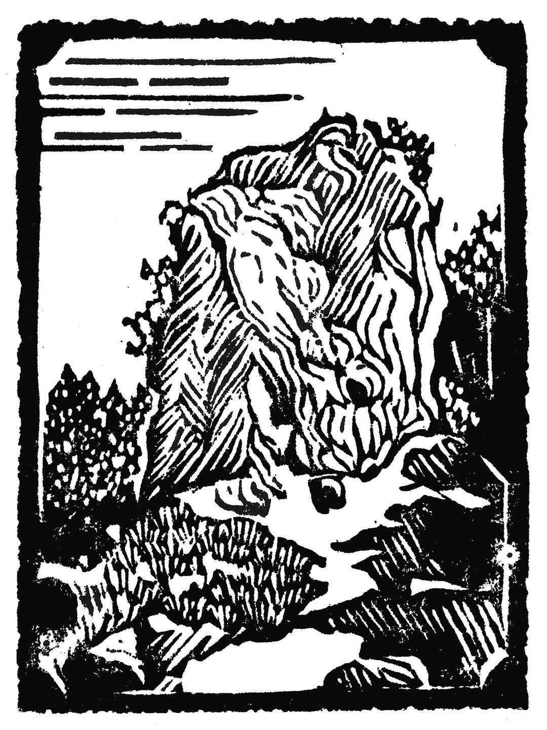 Original one-color linoleum block print by Michigan artist Natalia Wohletz of Peninsula Prints. This print design was inspired by the beautiful bluff limestone rock formations found in the Mackinac Island State Park.