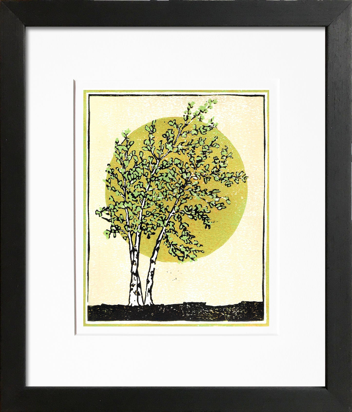 Framed birch tree art created by printmaker Natalia Wohletz of Peninsula Prints, Milford & Mackinac Island, Michigan. The original 4-color reduction block print design features a Paper Birch tree, which is native to Michigan, with the sun rising behind it.  