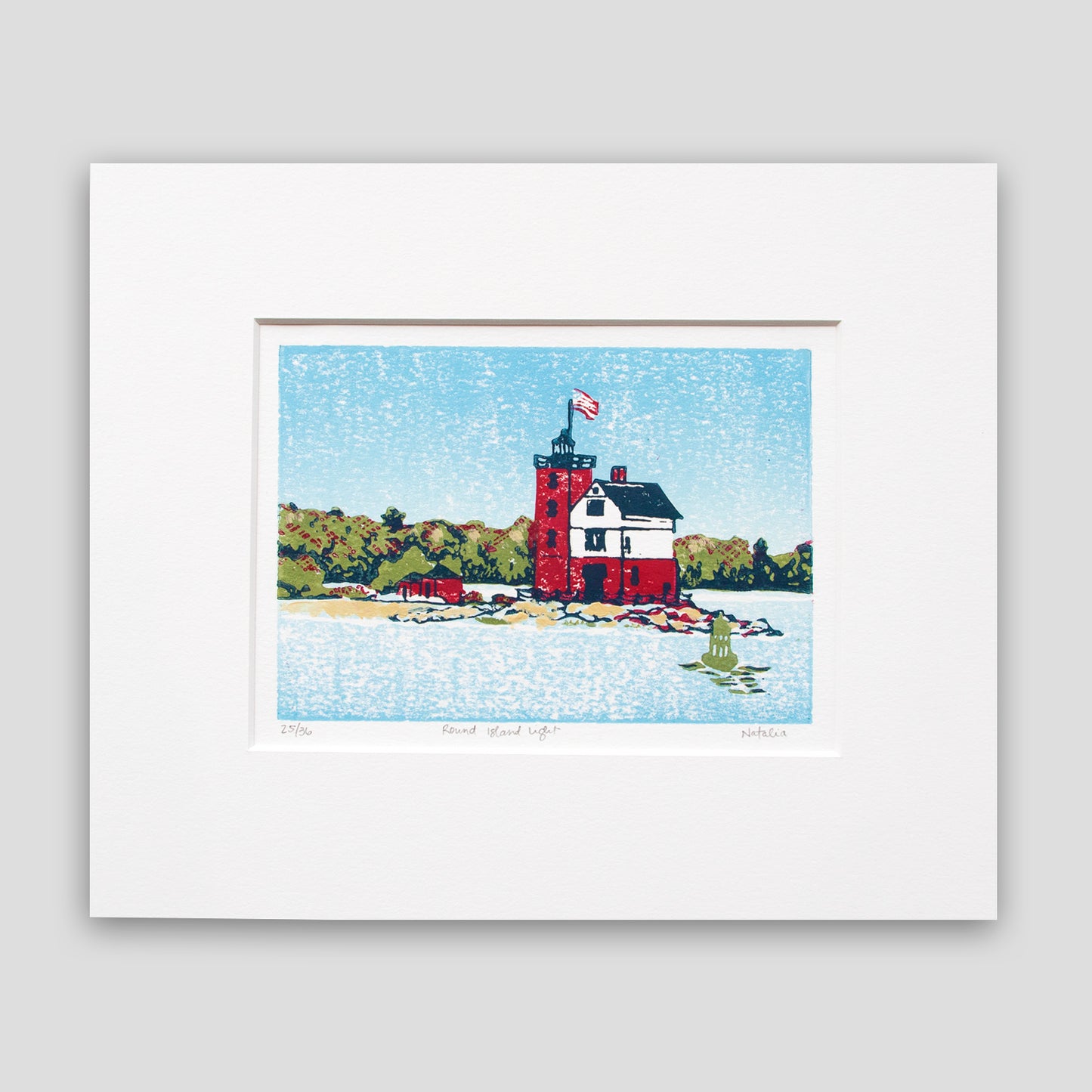 Nautical art created by Natalia Wohletz of Peninsula Prints, Mackinac Island. Round Island Light is a four-color linoleum block print of one of Michigan's most beloved lighthouses. 