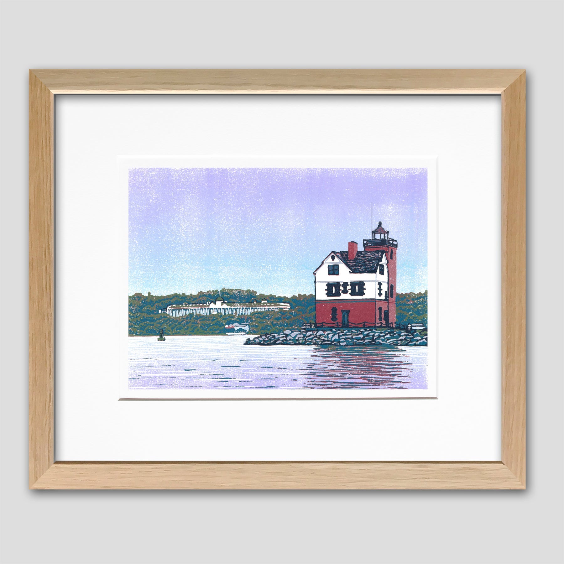 Framed lighthouse art created by Natalia Wohletz of Peninsula Prints, Mackinac Island.  Rounding the Island is an 8-color reduction block print featuring a unique view of Round Island Lighthouse with Grand Hotel in the background.