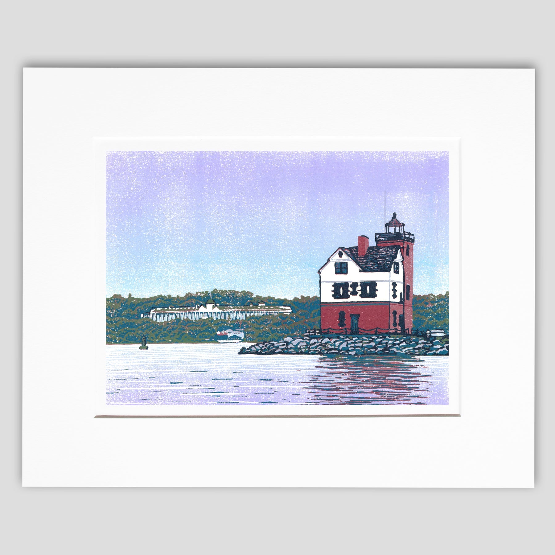 Mackinac Island art created by Natalia Wohletz of Peninsula Prints, Mackinac Island.  Rounding the Island is an 8-color reduction block print featuring a unique view of Round Island Lighthouse with Grand Hotel in the background.