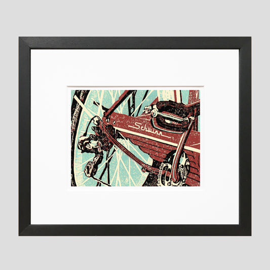 Framed vintage bicycle art created by Natalia Wohletz of Peninsula Prints. Schwinn is a three-color Reduction linoleum block print of a classic tandem bicycle inspired by one that the artist enjoys riding around Mackinac Island with friends and family.  