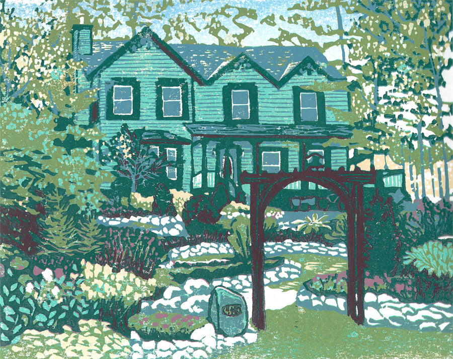Commissioned 8x10 block print house portrait of a cottage on Mackinac Island.
