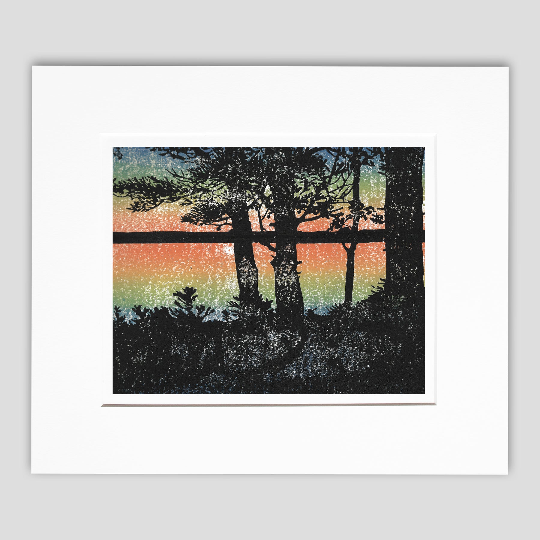 Lakeside living art created by Natalia Wohletz of Peninsula Prints. Sunset is a four-color linoleum block print of a warm, captivating view of a sunset over the lake. 