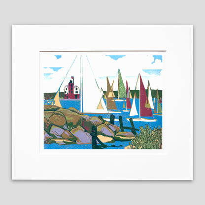 Sailing art created by Natalia Wohletz of Peninsula Prints.  Yacht Race is an original block print inspired by sailors on the Great Lakes, especially competitors in the Chicago Yacht Club Race to Mackinac and Bayview Mackinac Race.