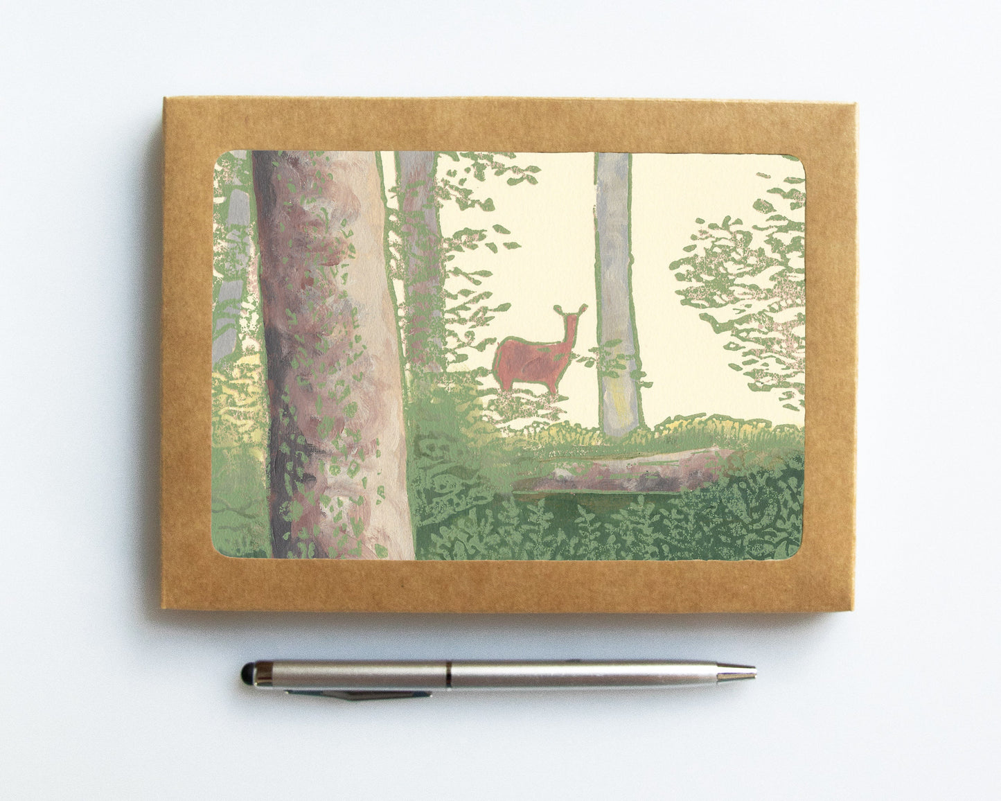 A casually elegant card set featuring Michigan wildlife art by Natalia Wohletz titled Deer in the Woods.