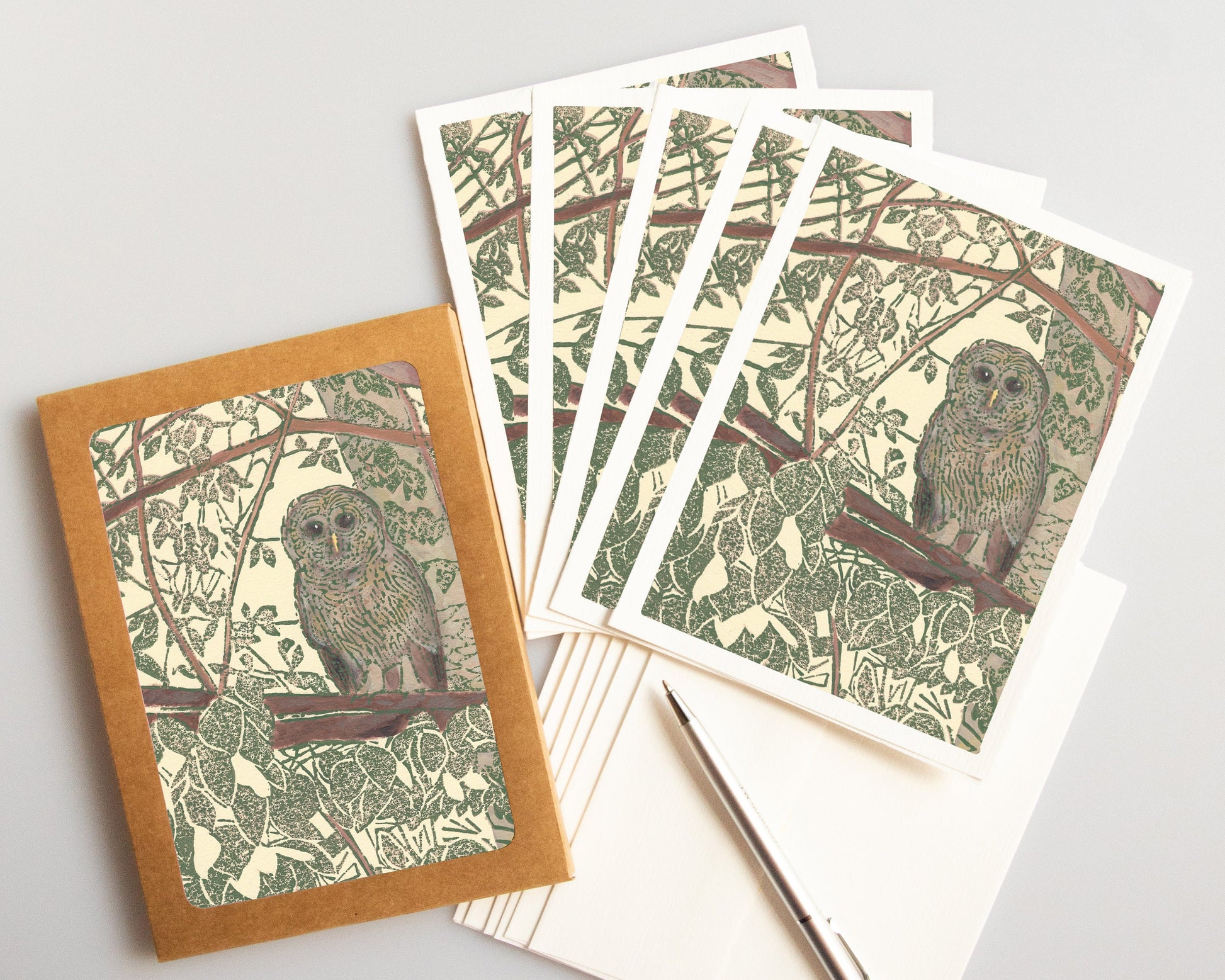 A casually elegant card set featuring Michigan wildlife art by Natalia Wohletz titled Hidden Owl.