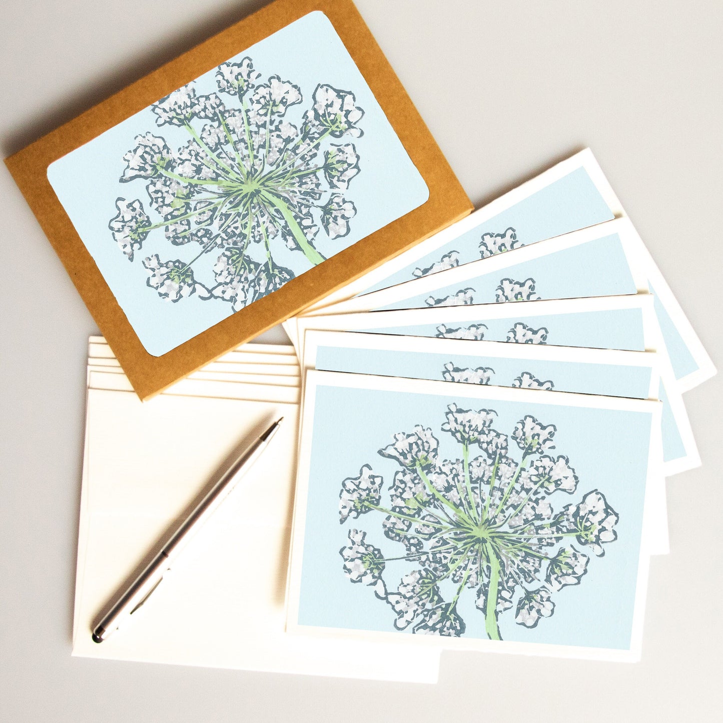 A casually elegant card set featuring Michigan wildflowers art by Natalia Wohletz titled Queen Anne's Lace.