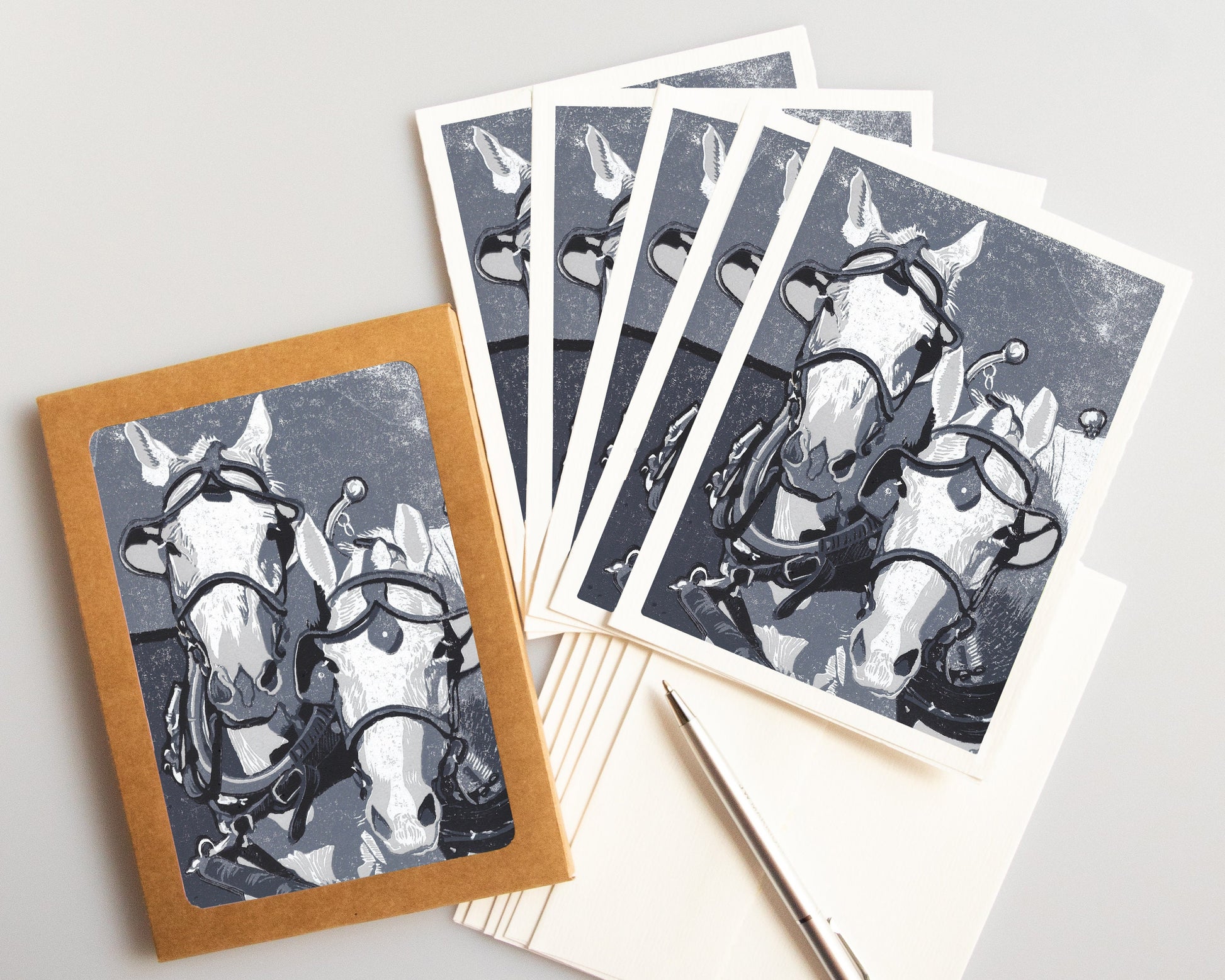 A casually elegant card set featuring Mackinac Island horses art by Natalia Wohletz of Peninsula Prints titled Two Horse Team.