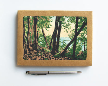 A casually elegant card set featuring Mackinac Island art by Natalia Wohletz of Peninsula Prints titled Trail Lookout.
