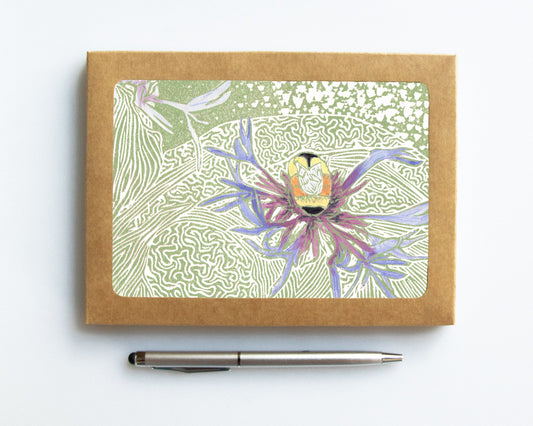 A casually elegant card set featuring Mackinac Island art by Natalia Wohletz titled Bumblebee on Perennial Cornflower.