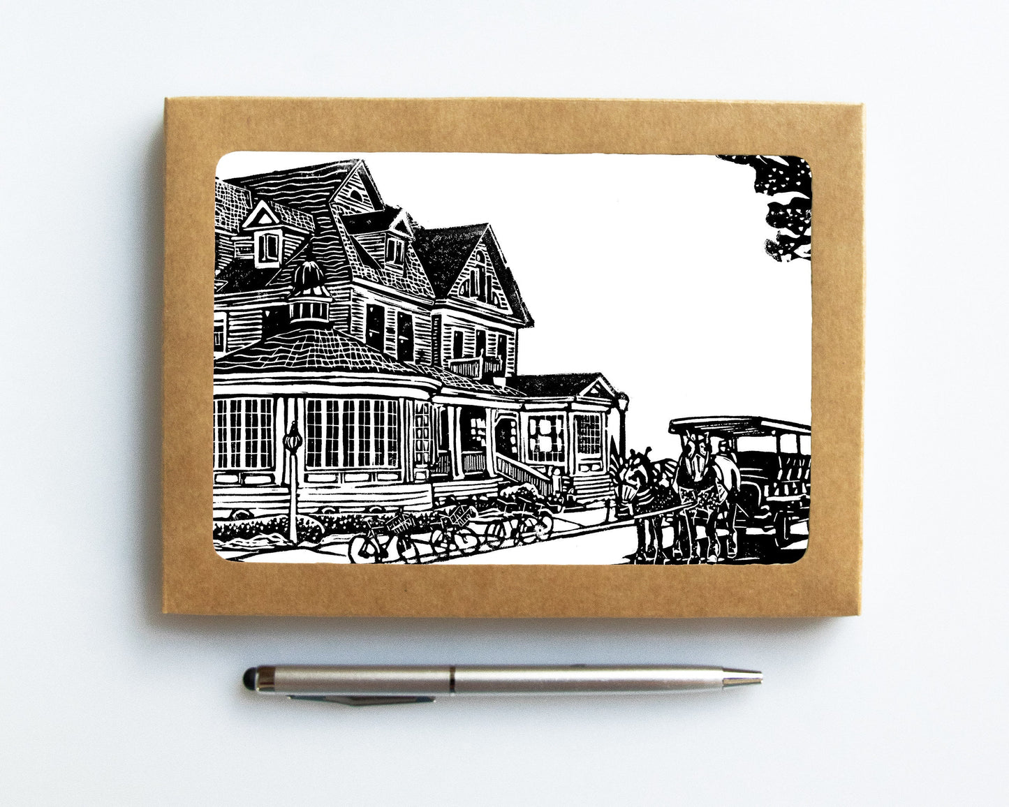 A casually elegant card set featuring Mackinac Island art by Natalia Wohletz titled Hotel Iroquois.