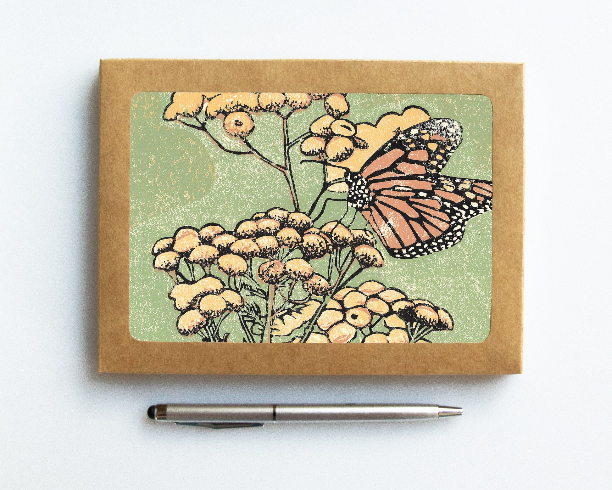 A casually elegant card set featuring monarch butterfly art by Natalia Wohletz titled Monarch on Tansy.